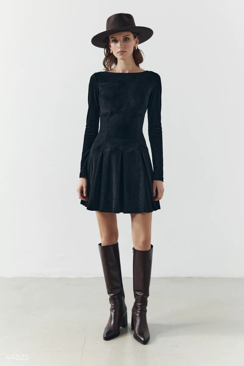 Black mini dress with eco-suede photo 3