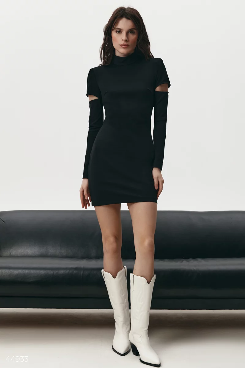 Black mini dress with decorative cuts photo 1