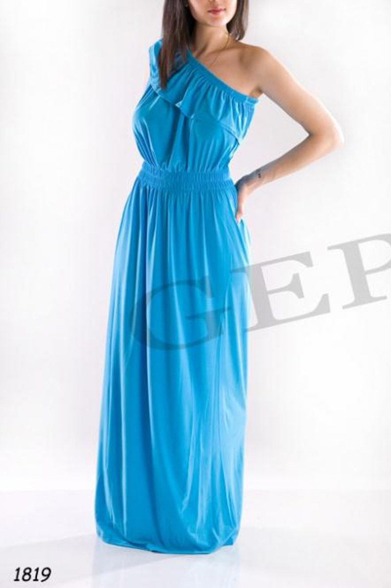 Голубое длинное платье на одно плечо фотографія 1