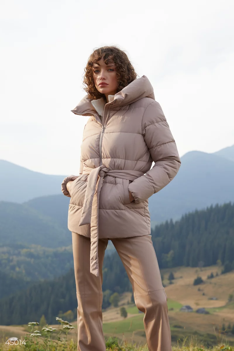 Beige quilted jacket with belt photo 1