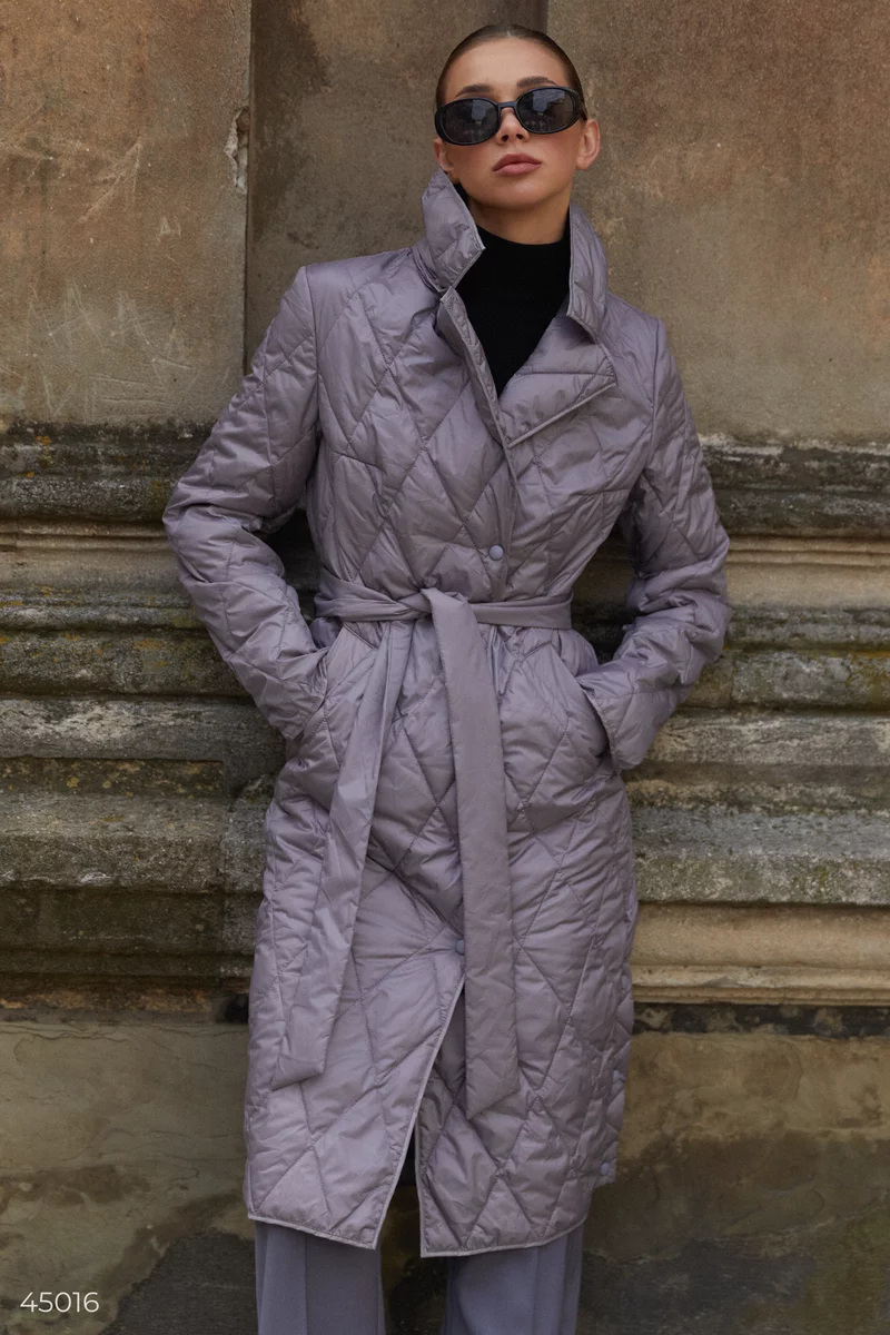 Quilted gray coat with belt photo 2