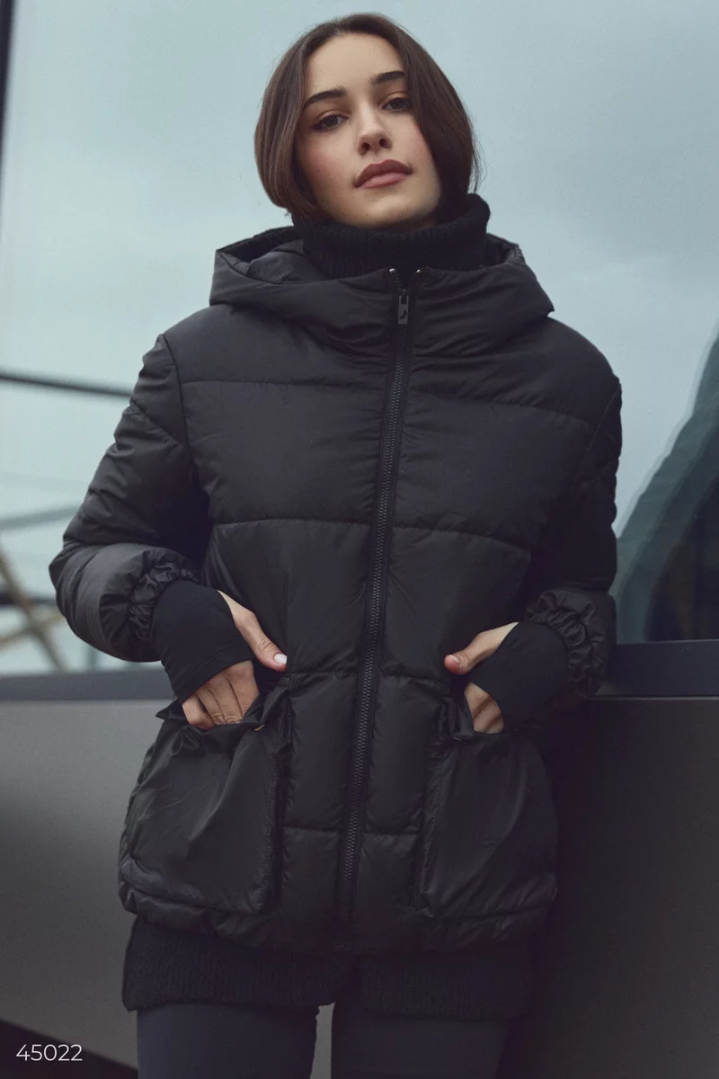 Black quilted jacket with a hood photo 3