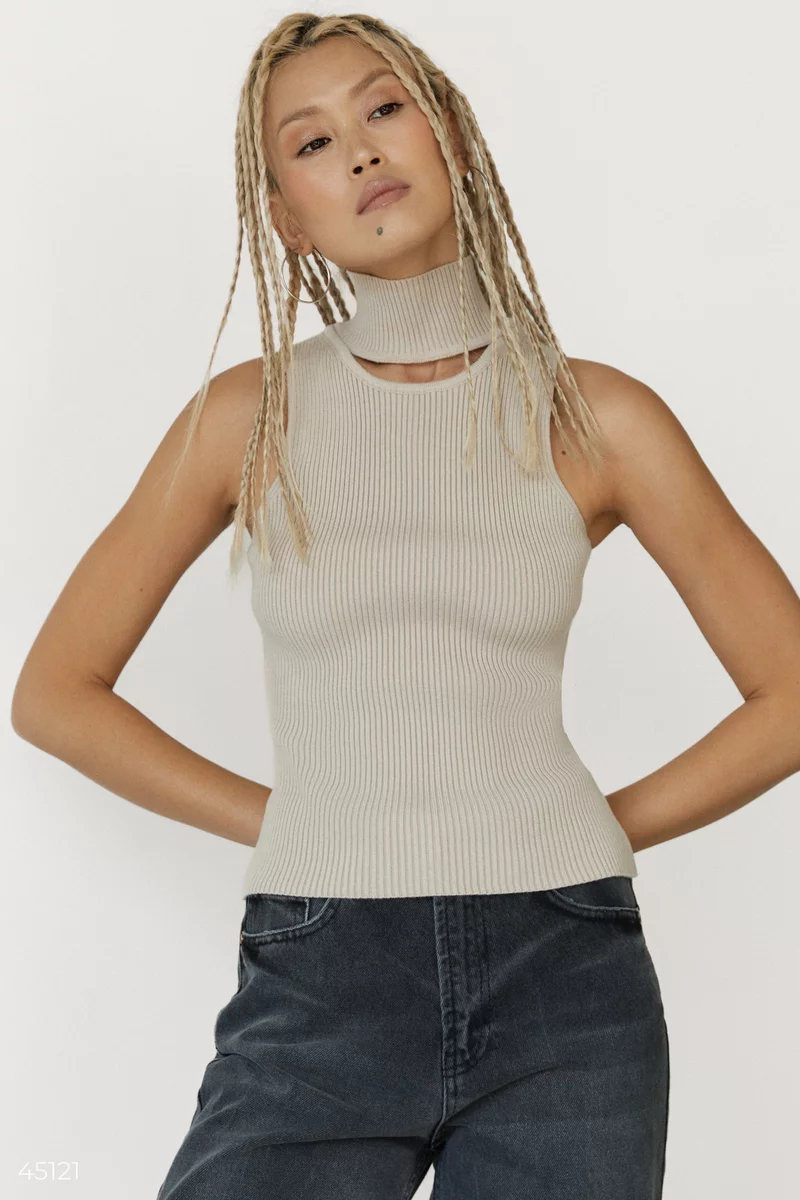 Beige knitted top with a high neck photo 3