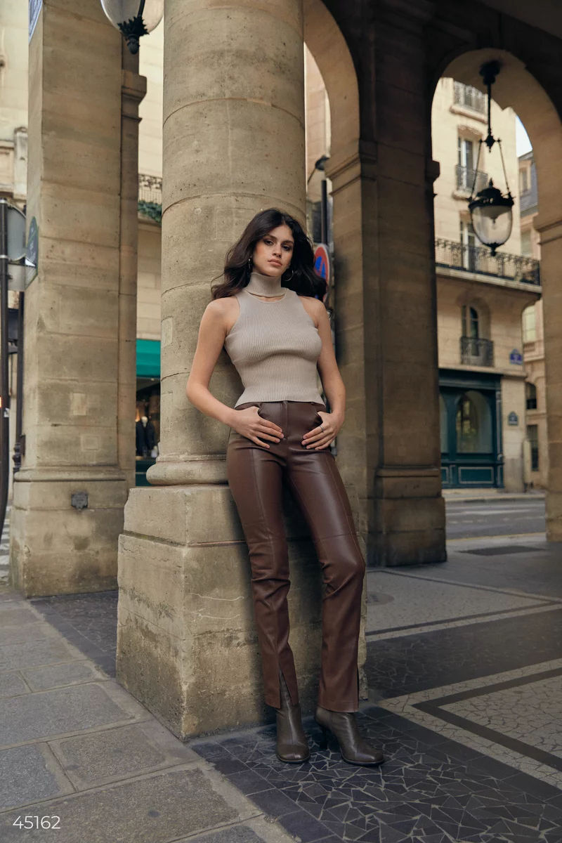 Chocolate-colored eco-leather pants photo 2