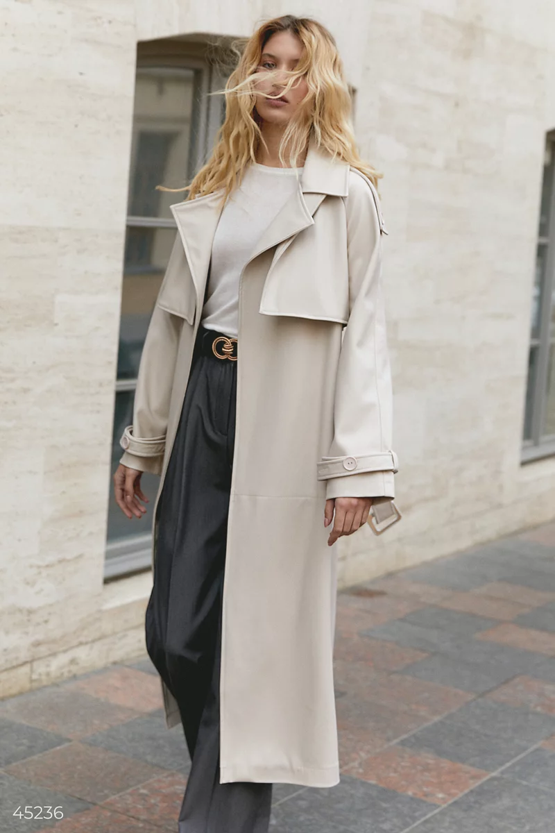 Beige leather trench coat with belt photo 1