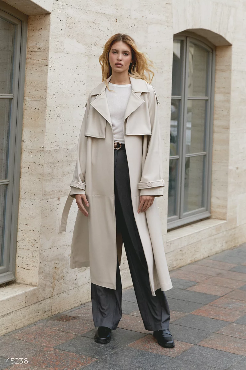 Beige leather trench coat with belt photo 3