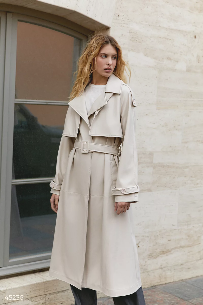 Beige leather trench coat with belt photo 5