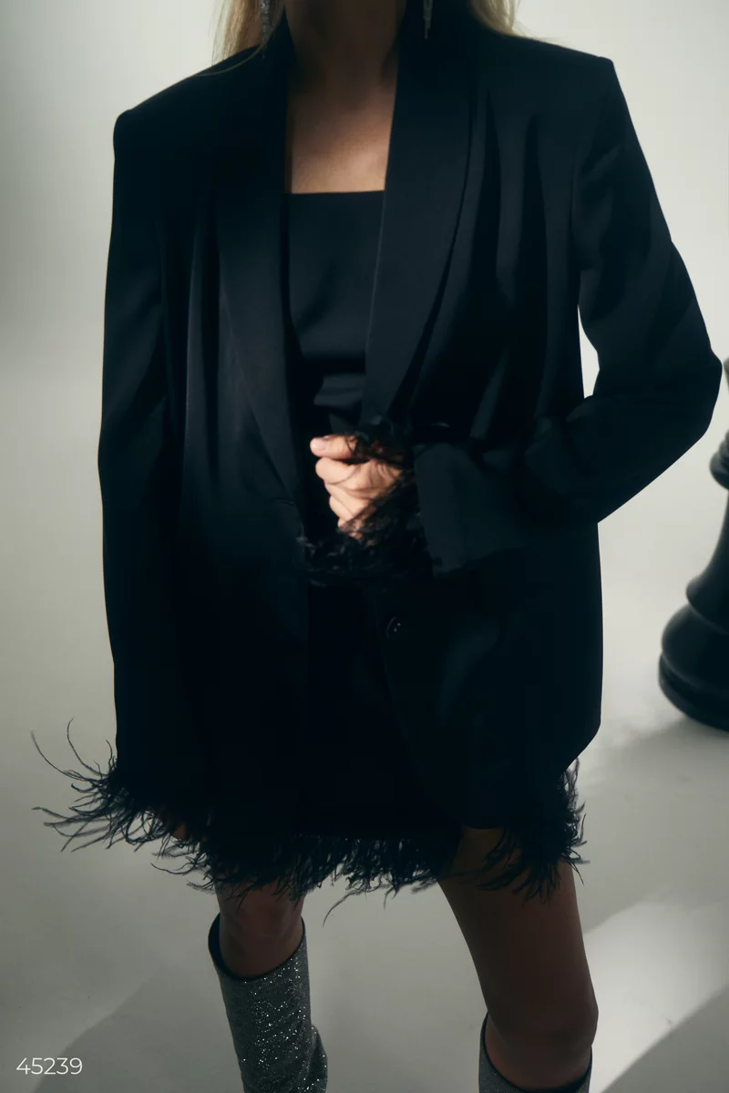 Black satin jacket with feathers on the sleeves photo 3