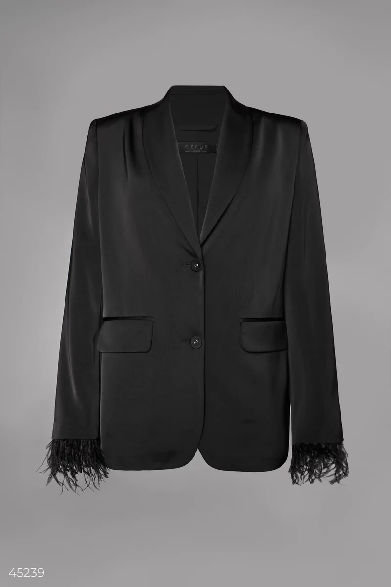 Black satin jacket with feathers on the sleeves photo 1