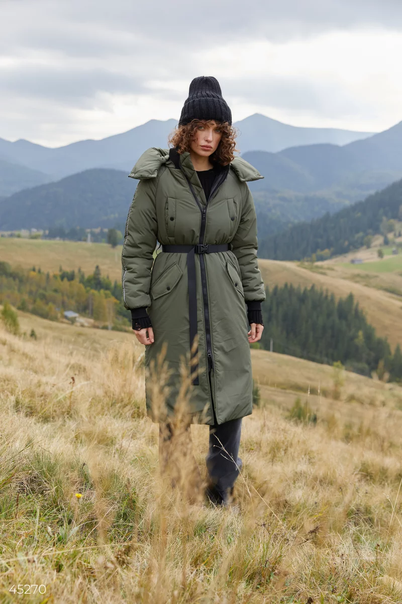 Parka jacket in khaki color with a hood photo 1