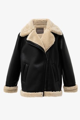 Черная дубленка-авиатор с премиум экокожи