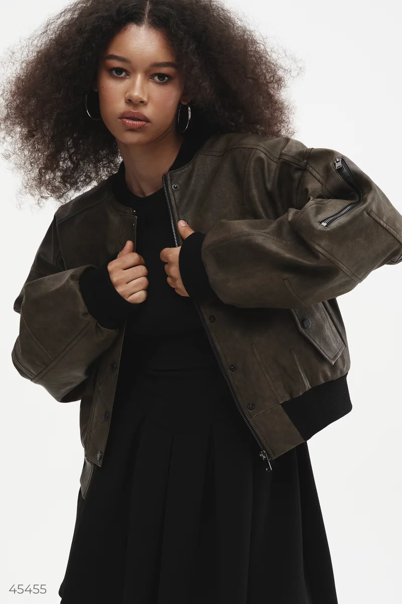 Vintage khaki faux leather bomber jacket (№ 45455) ♡ Gepur