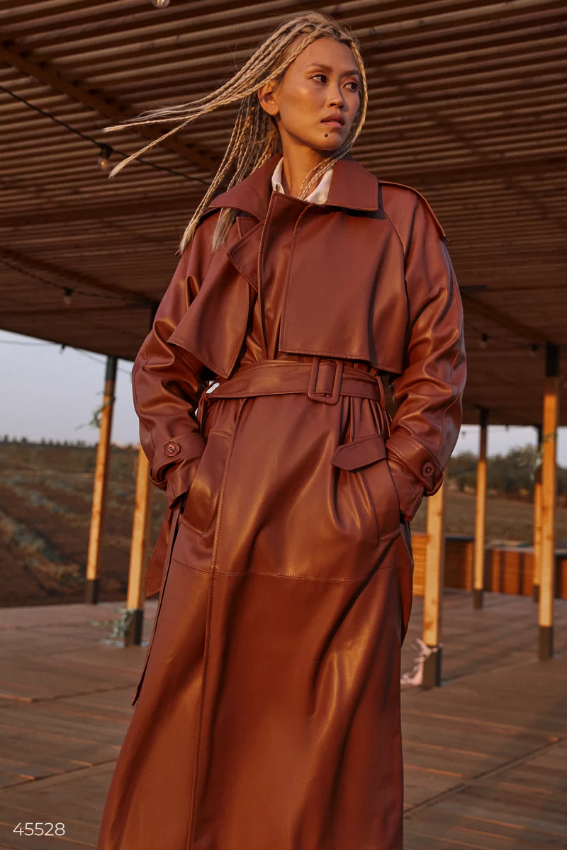 Brown eco-leather trench coat photo 1