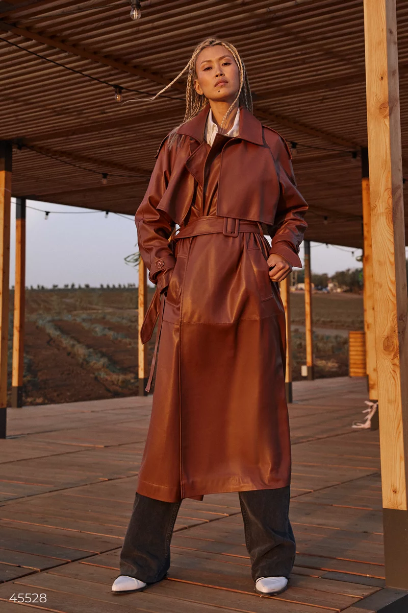 Brown eco-leather trench coat photo 2