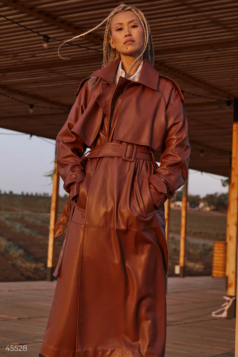 Brown eco-leather trench coat photo 3