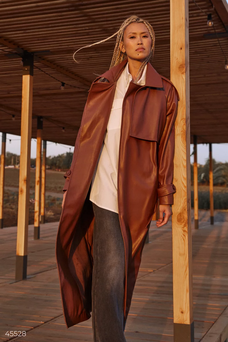 Brown eco-leather trench coat photo 4