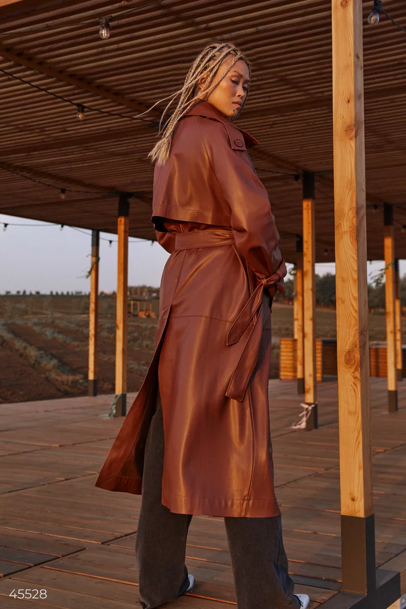 Brown eco-leather trench coat photo 5