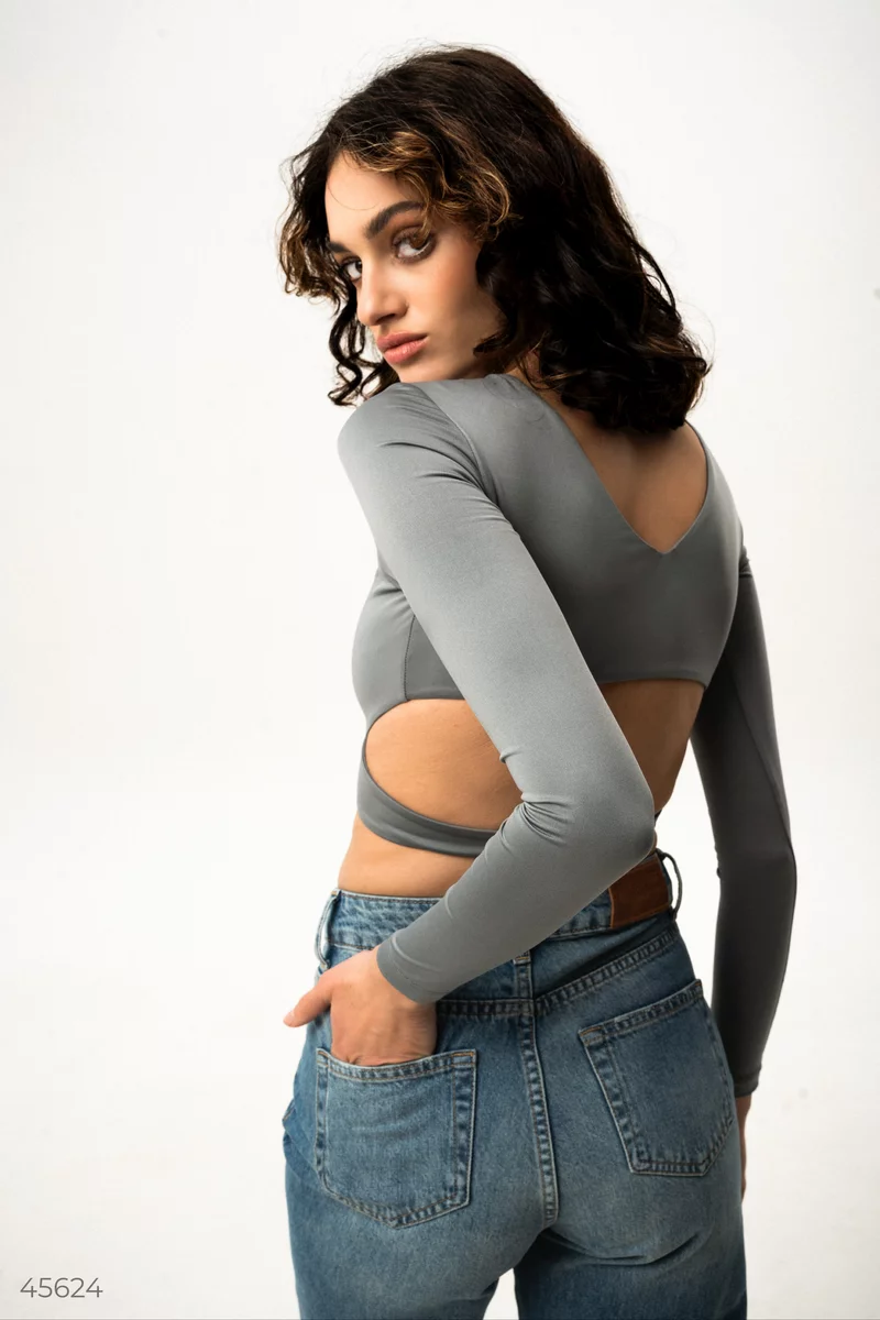 Gray button-up crop top photo 2