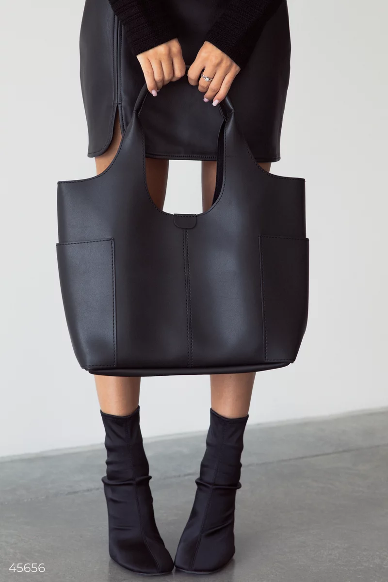 Чорна сумка-шопер зі щільної екошкіри фотографія 3