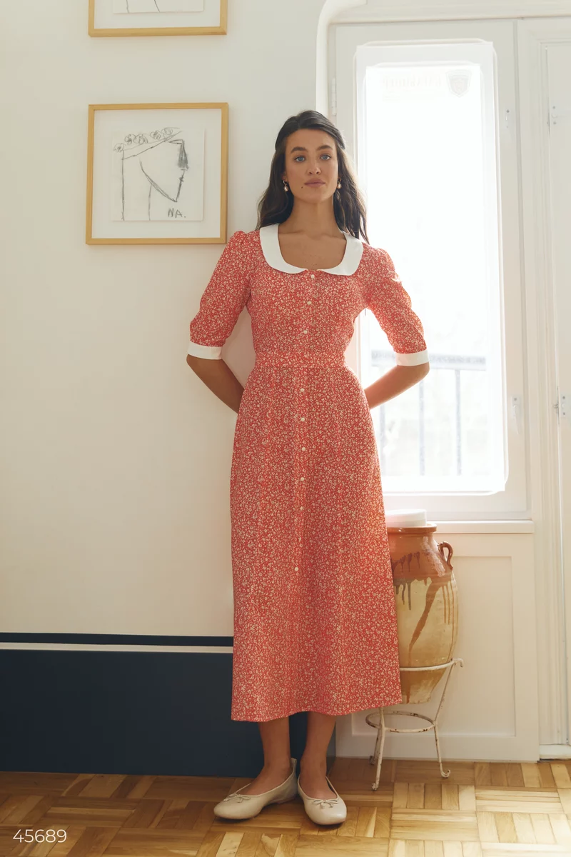 Помаранчева сукня міді з квітковим принтом фотографія 4
