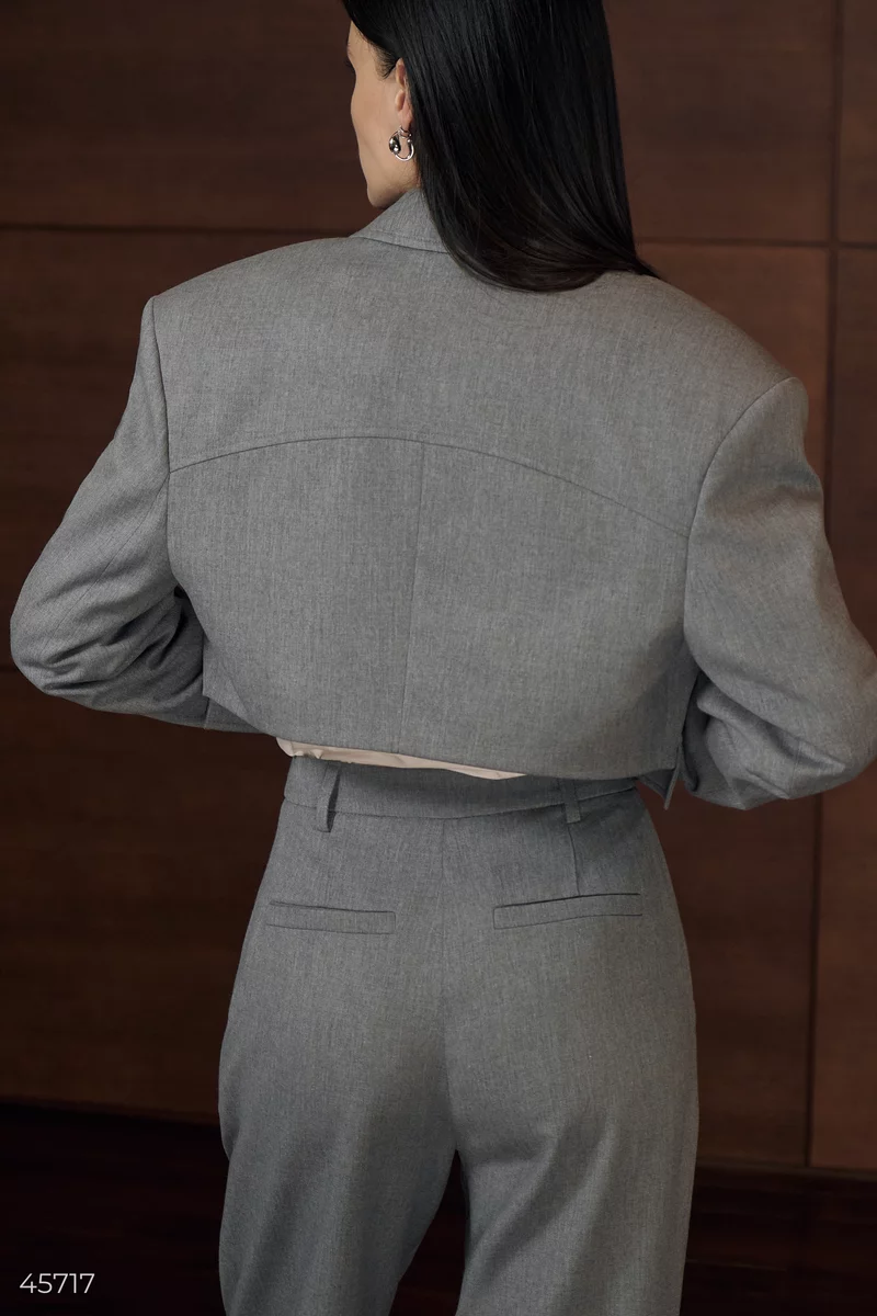 Gray crop jacket made of suit fabric photo 5