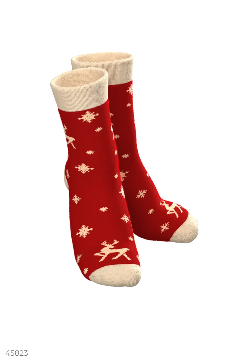 Красные носки с принтом олени фотография 2