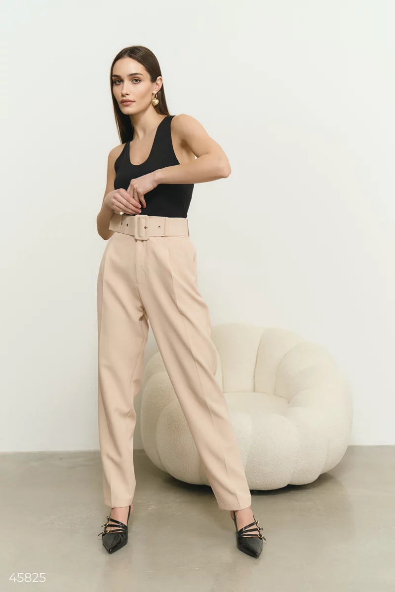Beige pants with a wide belt photo 2