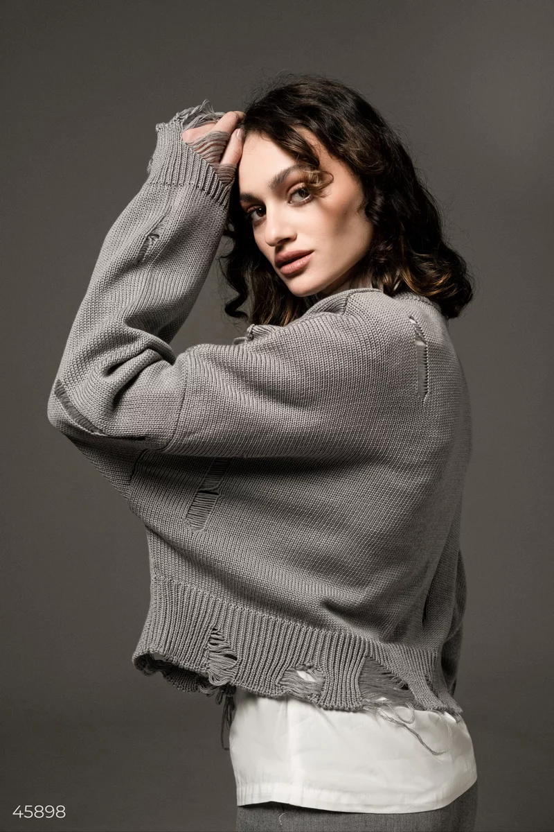 Cropped gray sweater with a torn edge photo 2