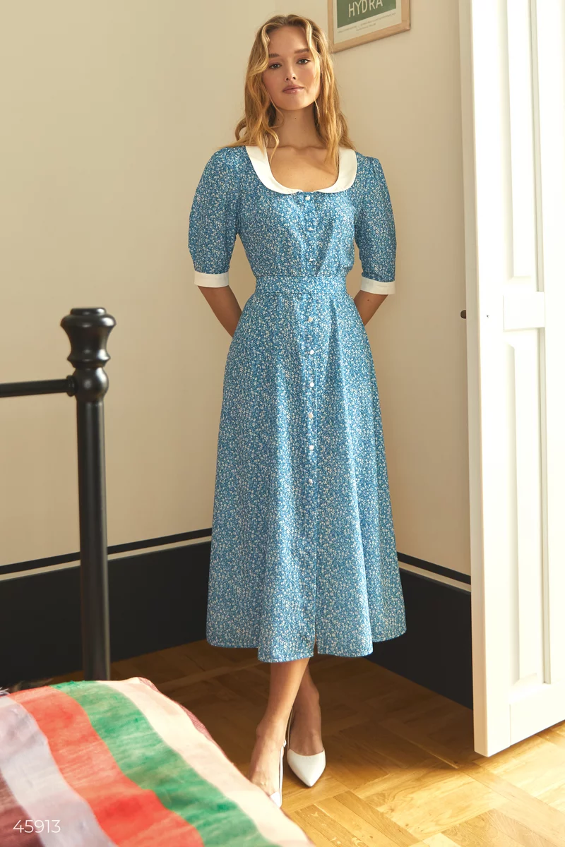 Голубое платье миди с цветочным принтом фотография 1