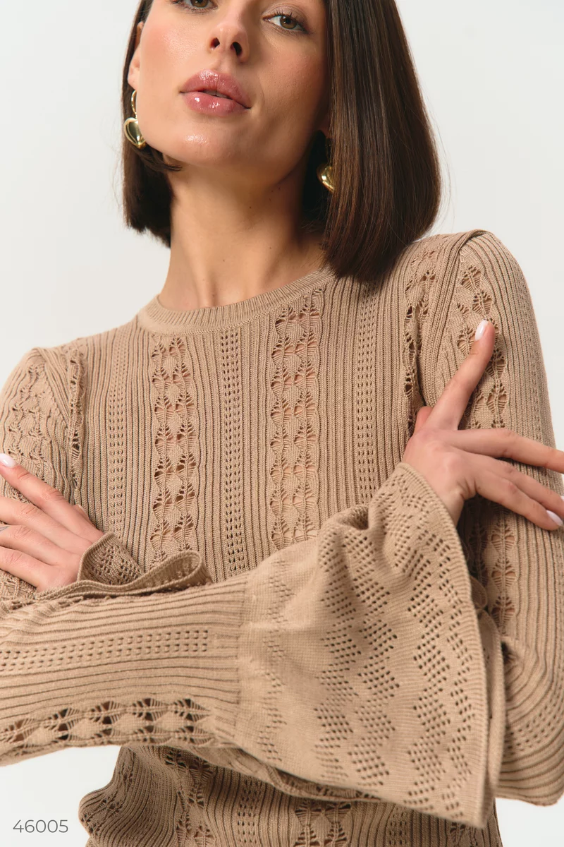 Beige longsleeve with openwork fine knit photo 1