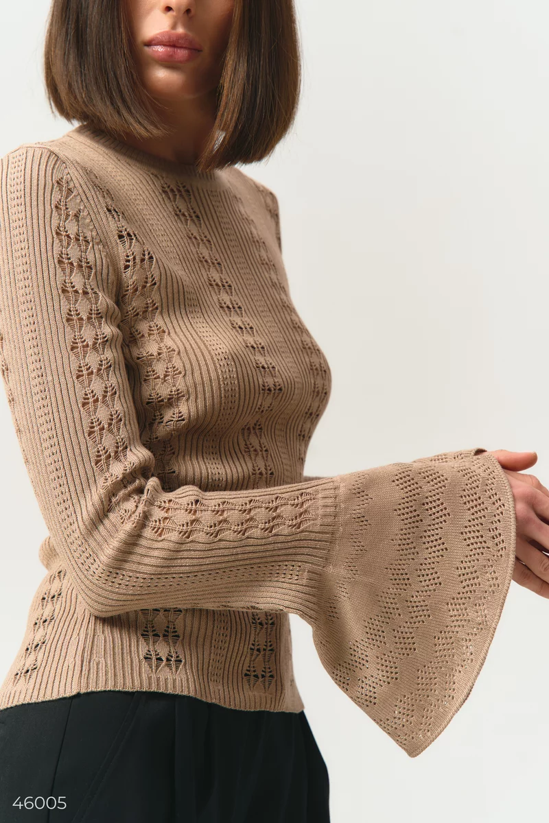 Beige longsleeve with openwork fine knit photo 3