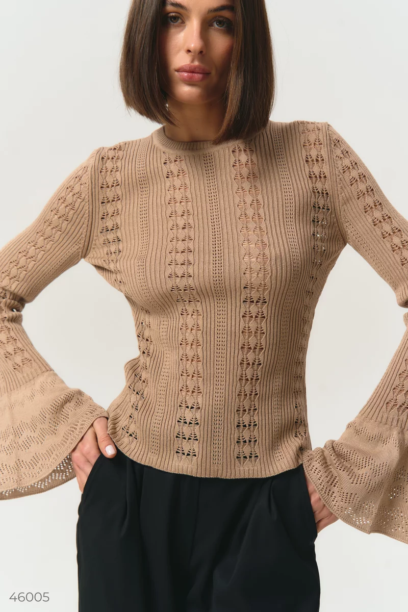 Beige longsleeve with openwork fine knit photo 4