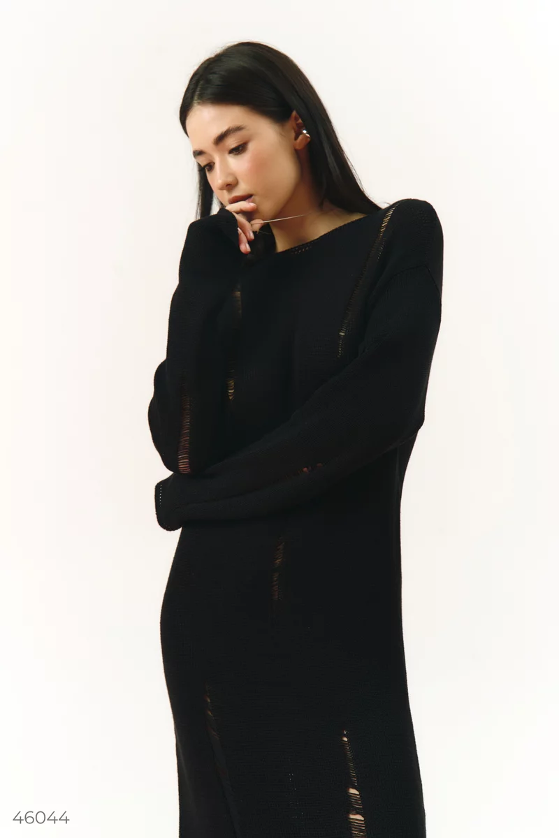 Black knitted dress with torn details photo 4