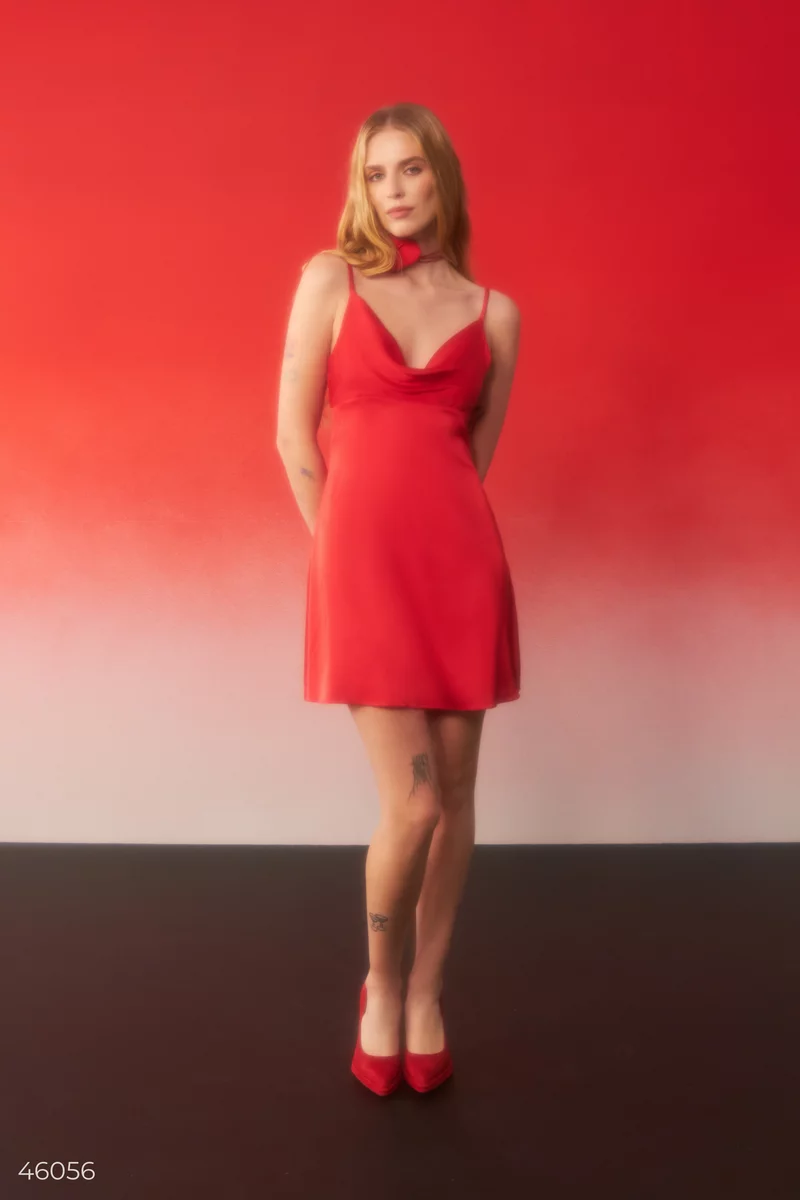 Red silk mini dress with straps photo 4