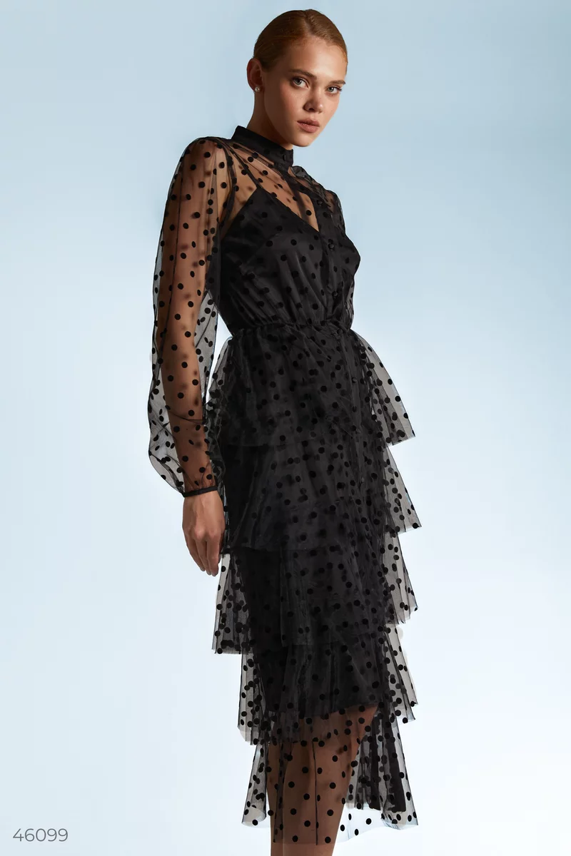 Чорна сукня міді з багатошаровою спідницею фотографія 2