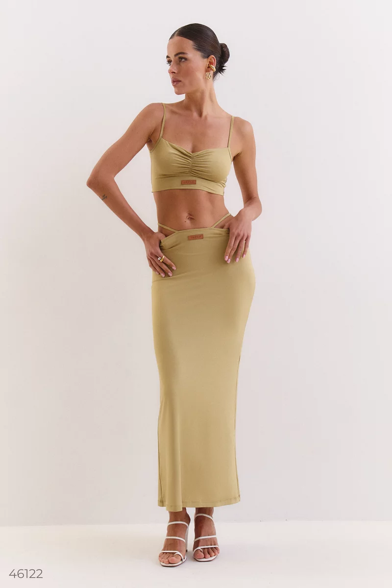 Olive set with maxi skirt with inserts photo 3