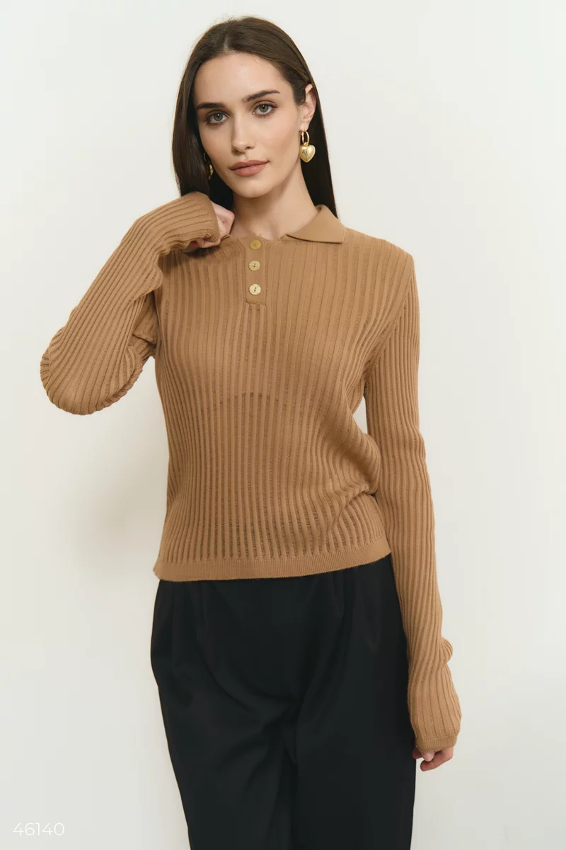 Beige knitted longsleeve with a collar photo 2