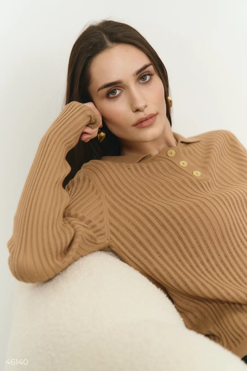 Beige knitted longsleeve with a collar photo 4