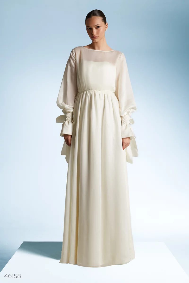 Milk maxi dress with bows on the sleeves photo 5