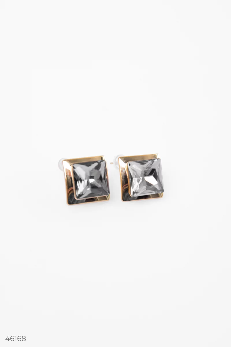 Golden square earrings with crystal photo 2