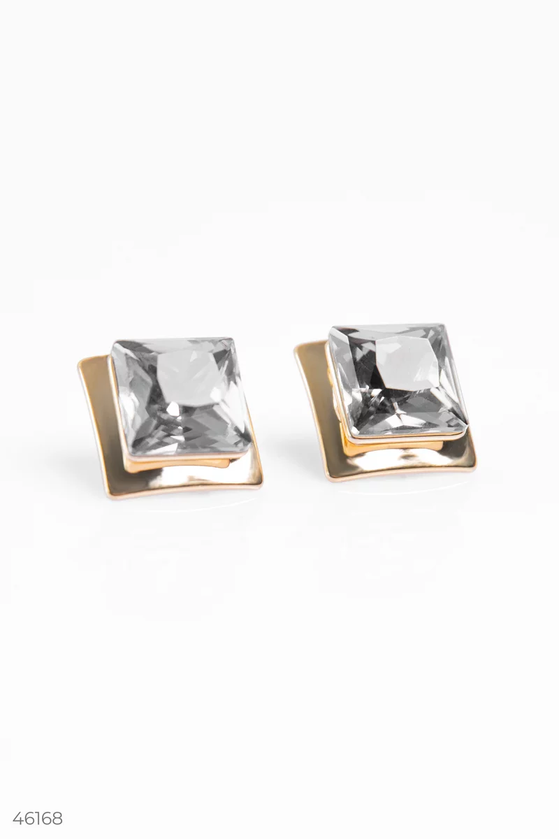 Golden square earrings with crystal photo 1