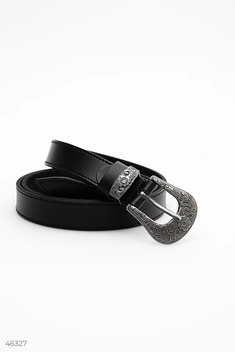 Black genuine leather belt with buckle photo 2