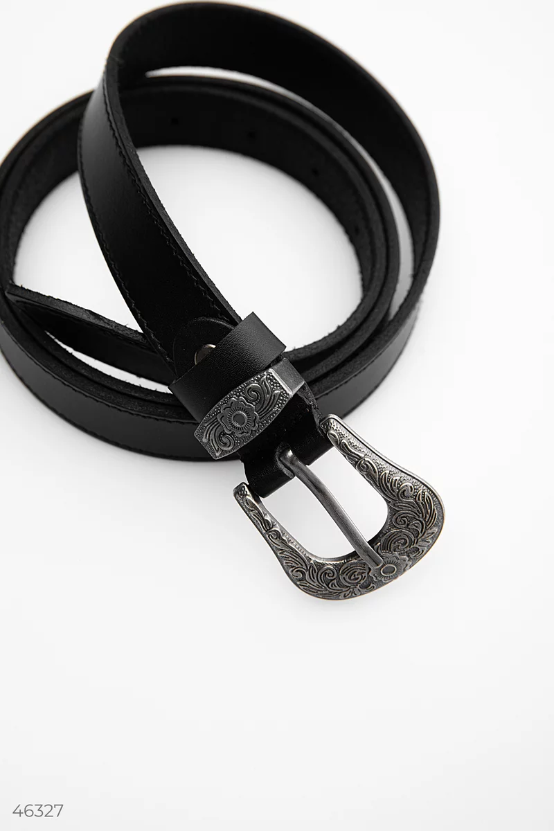 Black genuine leather belt with buckle photo 3