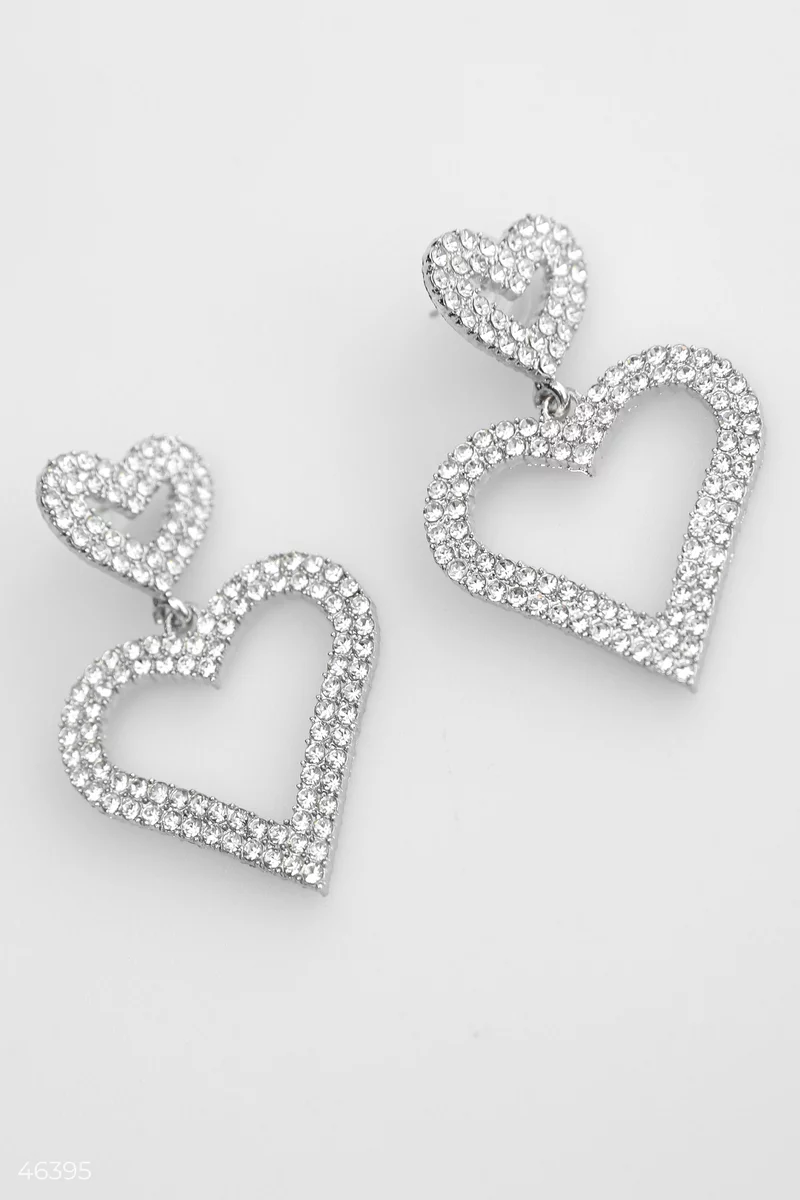 Silver earrings with a heart and rhinestones photo 2