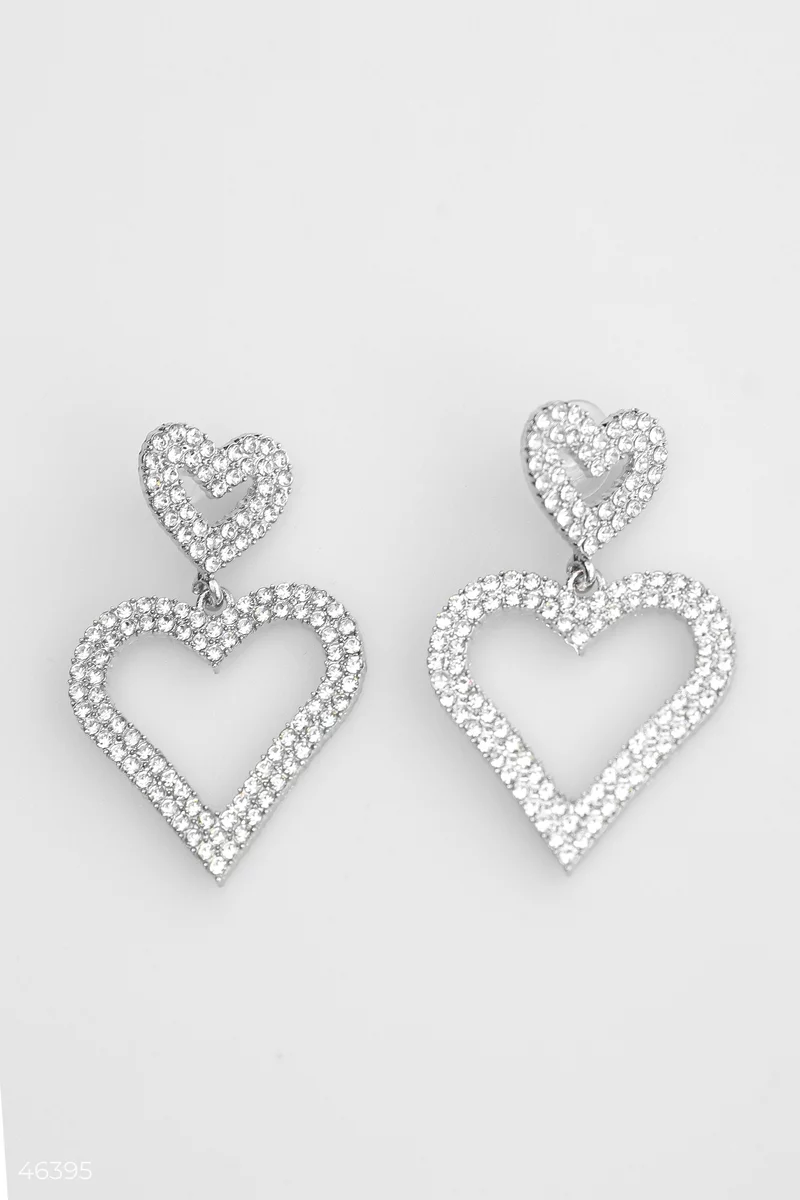 Silver earrings with a heart and rhinestones photo 3