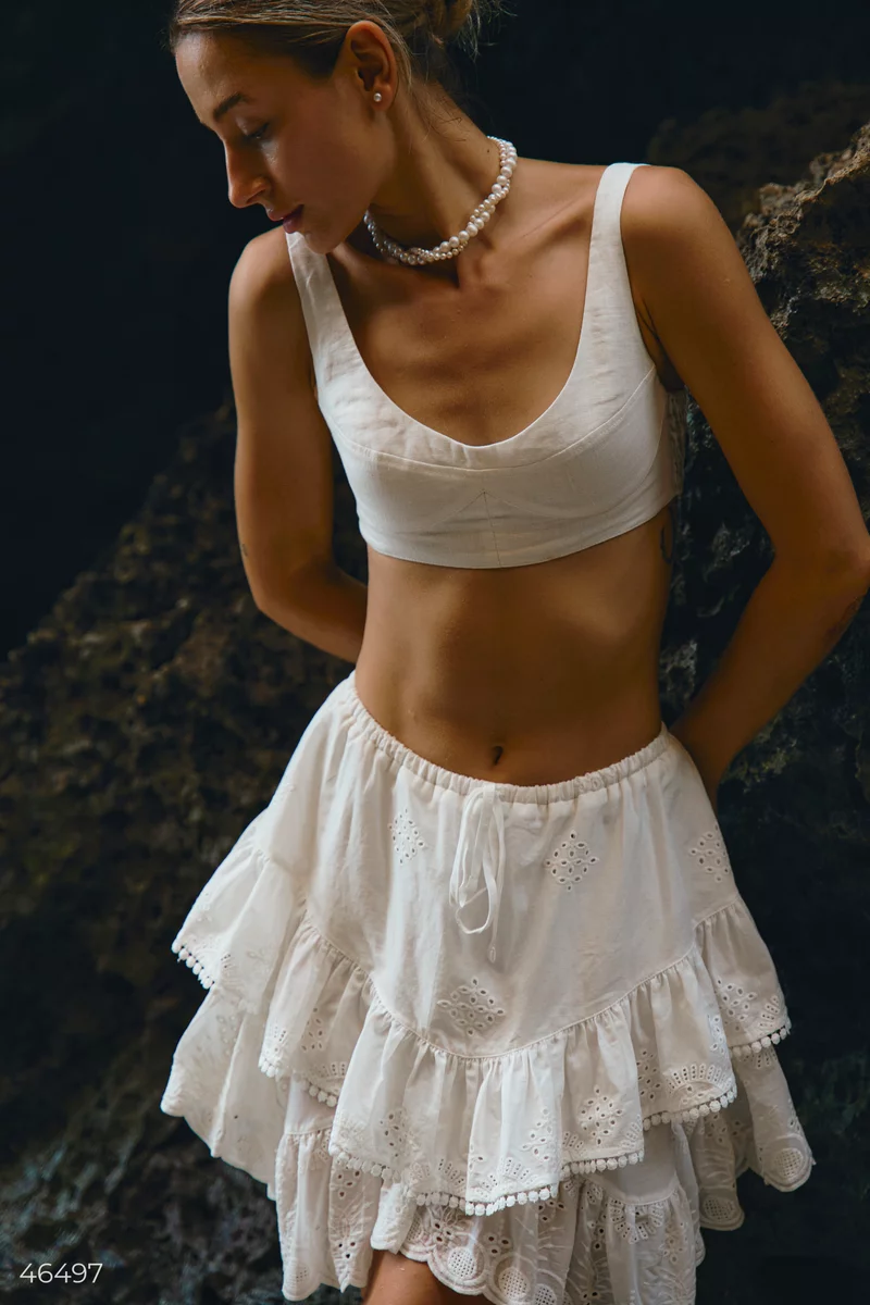 Молочная двухслойная юбка мини из прошвы фотография 1