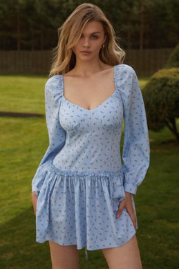 Блакитна сукня міні із принтом тюльпани фотографія 1