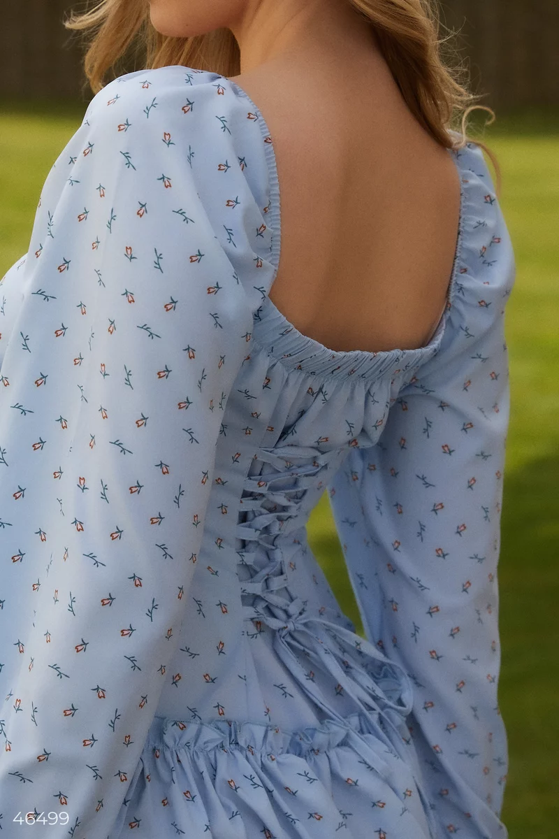 Голубое платье мини с принтом тюльпаны фотография 3