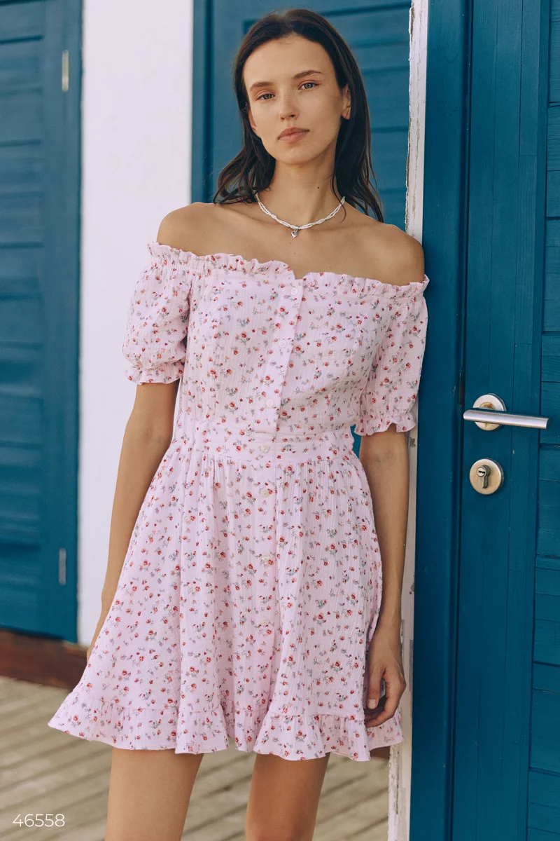 Pink muslin dress with floral print photo 3