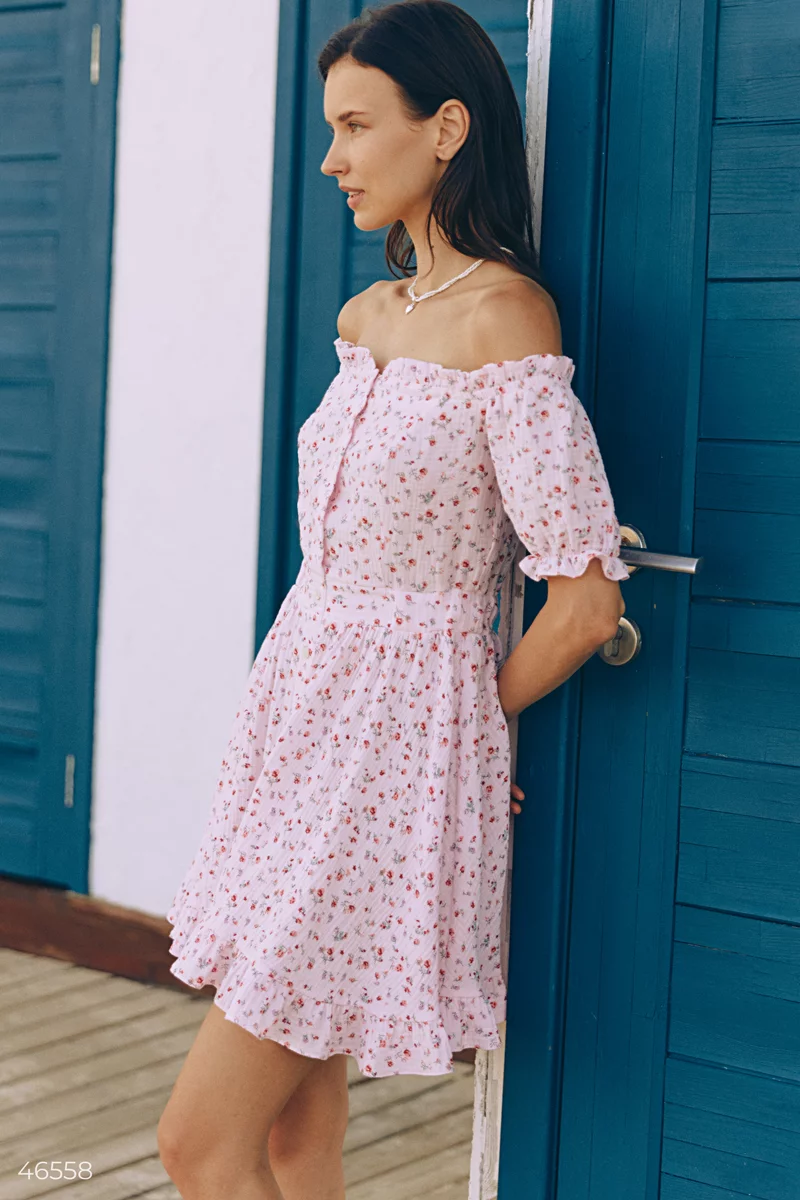 Pink muslin dress with floral print photo 4